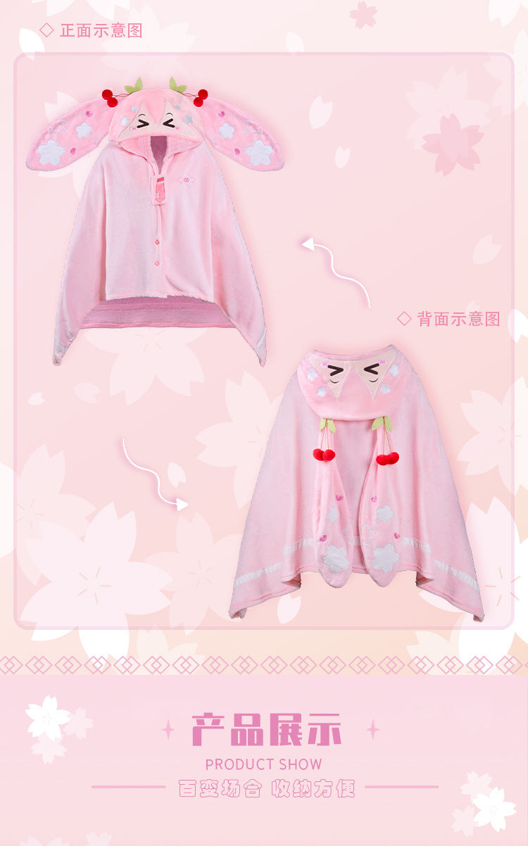 Moeyu: Sakura Future Squinting: Eyes Series Multifunctional Hooded Air Conditioning Blanket Pillow Warm Flannel Shawl-Moeyu-Makochan.store
