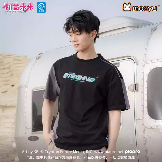 Moeyu Hatsune Miku "Neon Electronic Music" Retro Spliced T-Shirt - American-Style Color-Block Pure Cotton Summer Tee - Official Vocaloid Streetwear - Moeyu - Makochan - Belgium - Europe