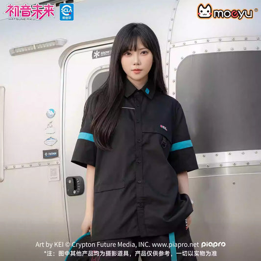 Moeyu Hatsune Miku "Neon Electronic Music" Utility Workwear Shirt - Unisex Summer Short-Sleeve Loose Fit Utility Shirt - Official Cyber-Vocaloid Streetwear Outerwear - Moeyu - Makochan - Belgium - Europe