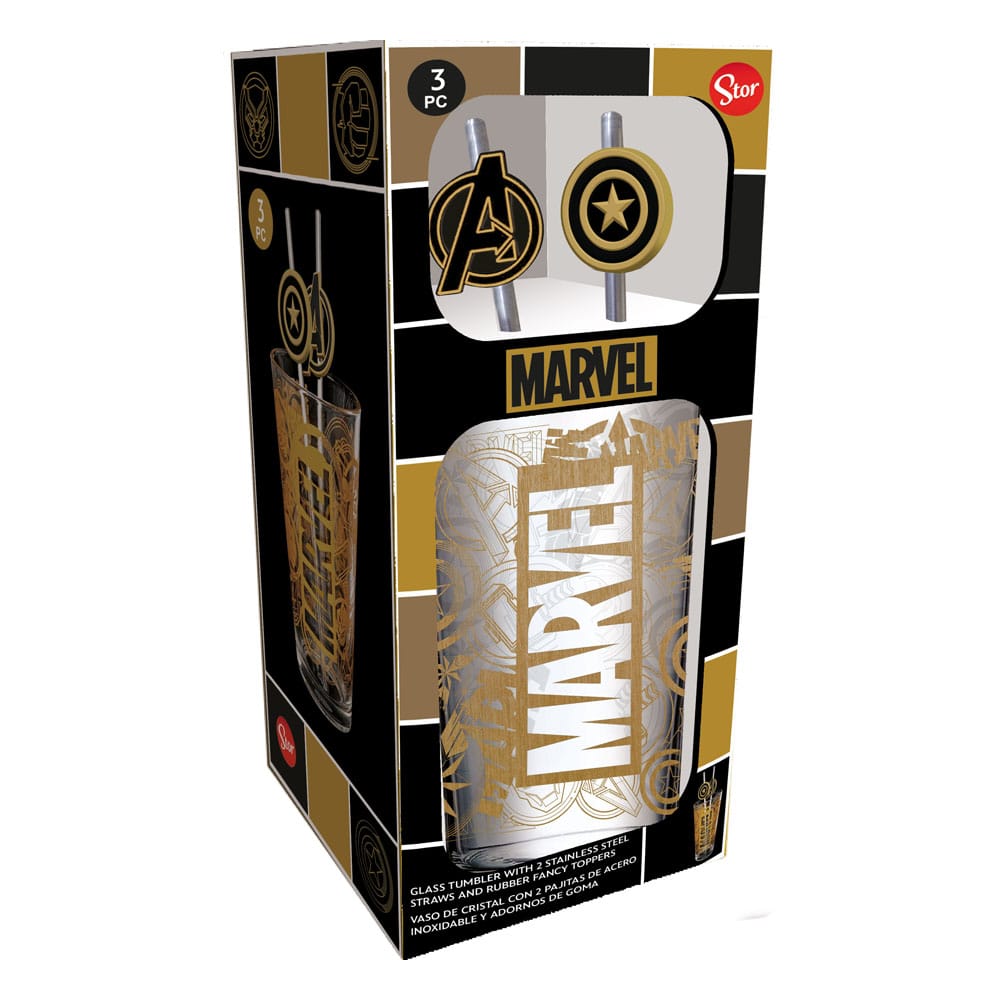 Stor Marvel Glass Tumbler with Straws Logo & Avengers 485 ml | Makochan