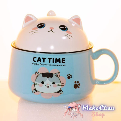 Cat Time: Ceramic Noodle Bowl with Cat Head Lid Makochan.store