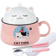 Load image into Gallery viewer, Cat Time: Ceramic Noodle Bowl with Cat Head Lid Makochan.store
