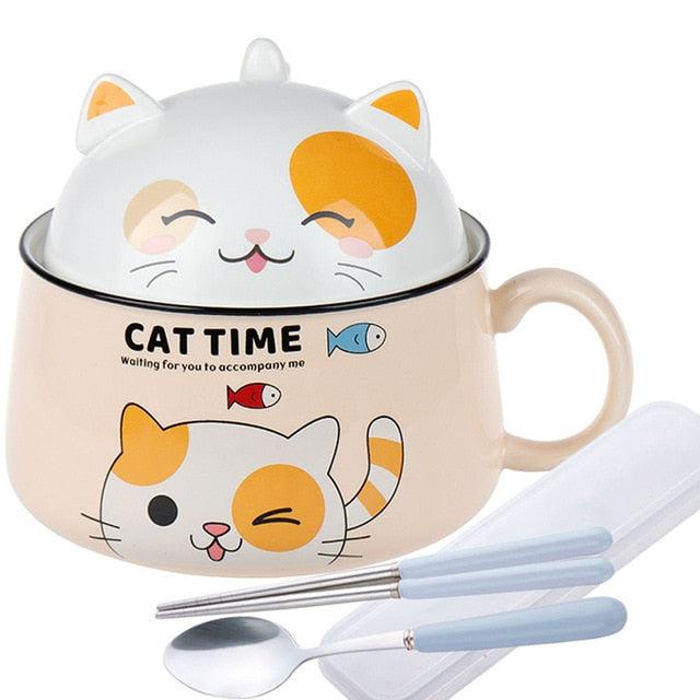 Cat Time: Ceramic Noodle Bowl with Cat Head Lid Makochan.store